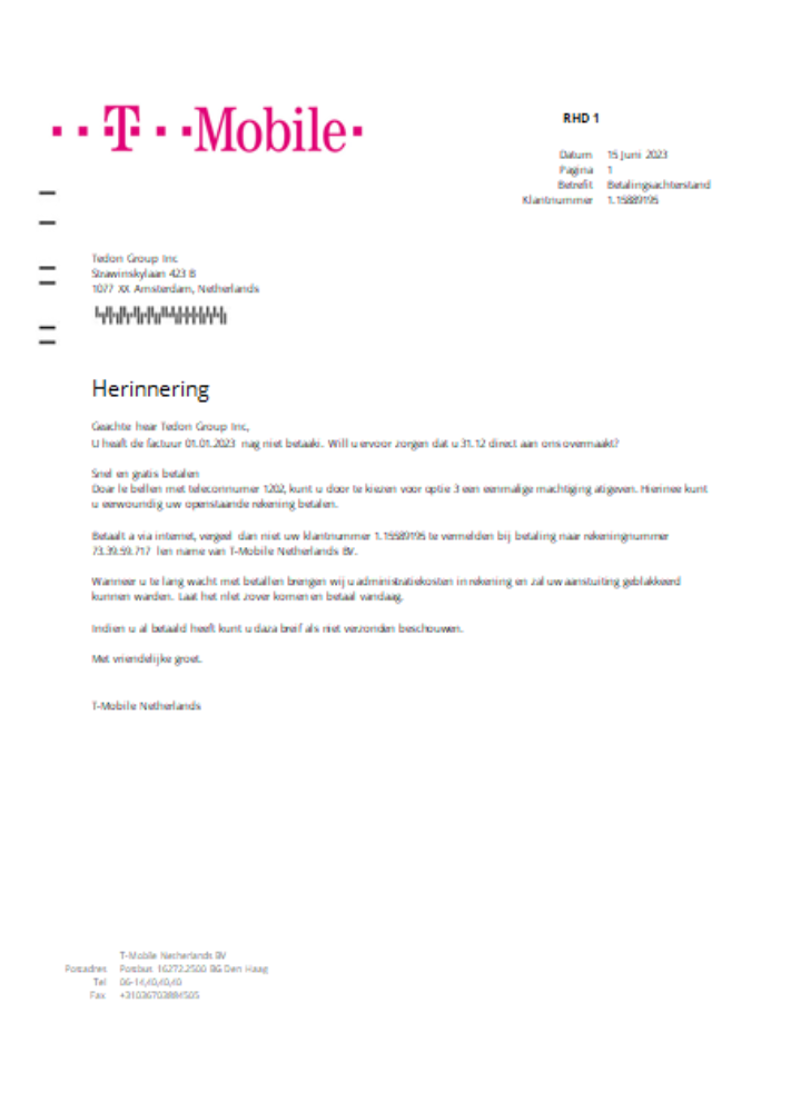 Download T Mobile Netherlands utility business bill,  SCR Photoshop template